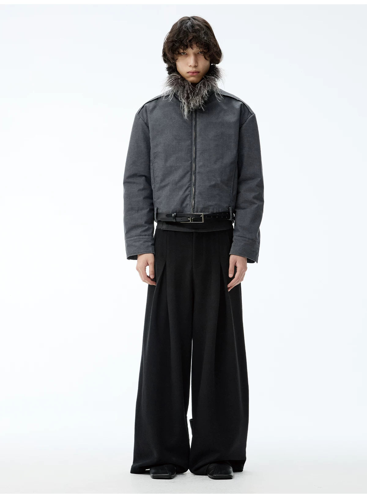 Fitted Two-tone Grid Fur Collar Jacket