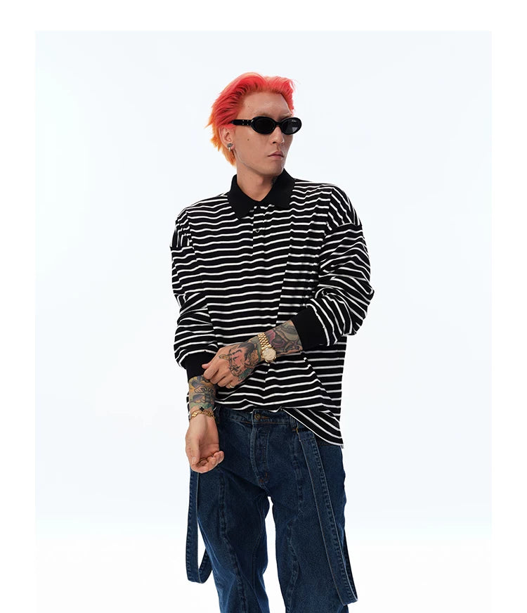 Men's Long Sleeve Striped Cotton Polo