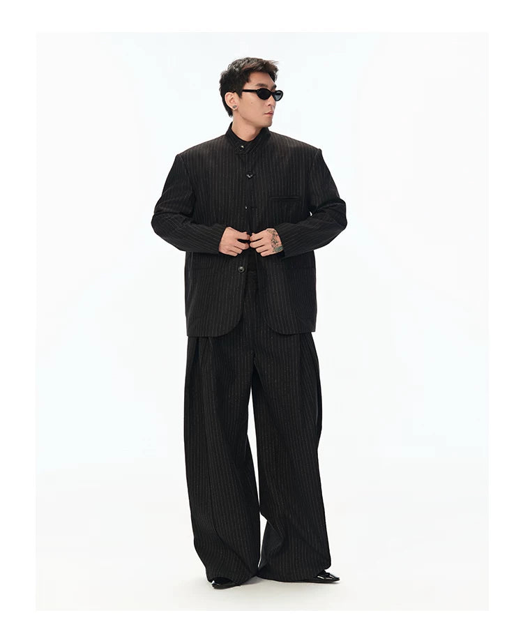 Black Striped Wool Stand Collar Blazer