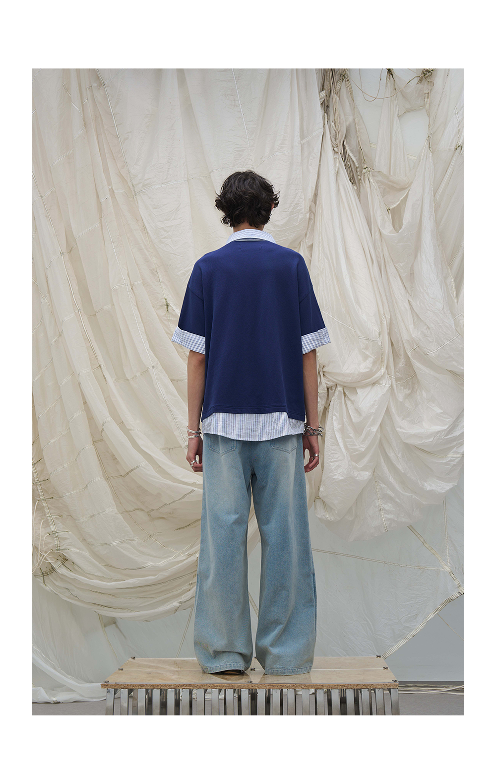 Washed Semi-Zip Relaxed Straight Leather-Patch Jeans