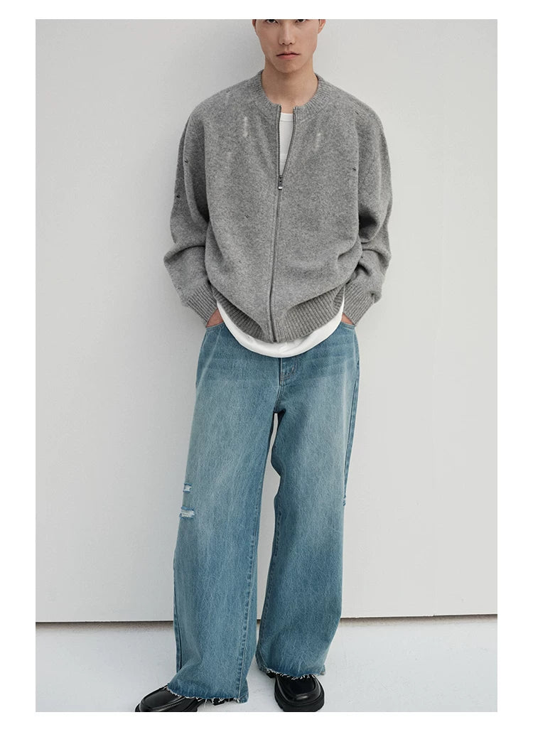 Yak Wool Blend Distressed Knit Cardigan