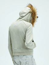 Washed Detachable Fur Zip Hoodie