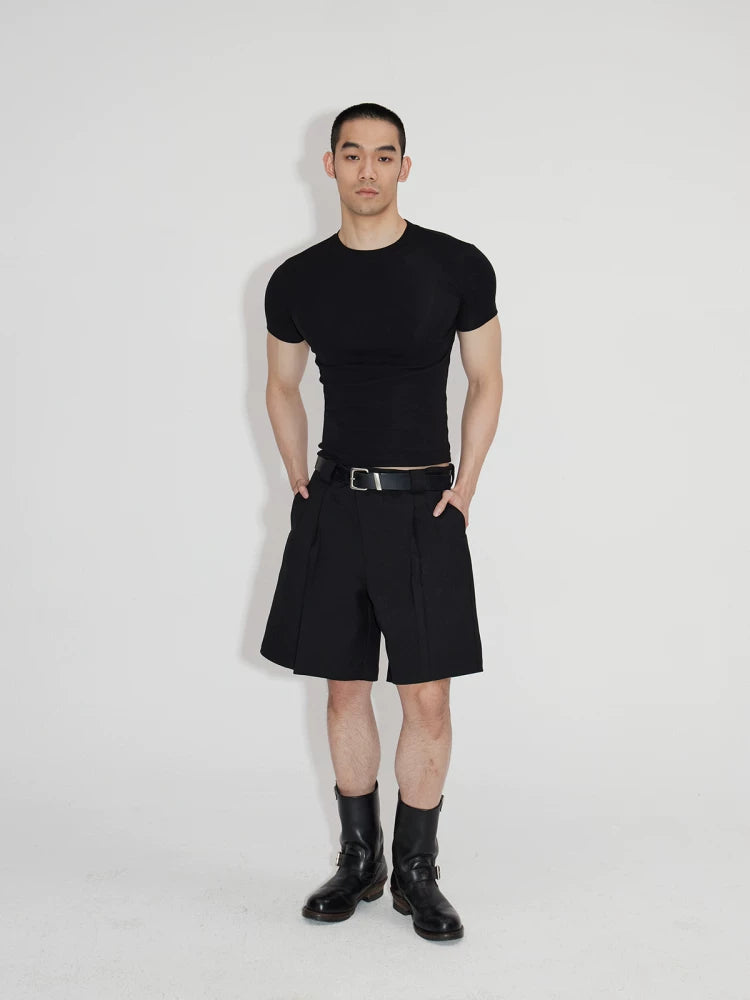 Asymmetric Placket Wool Feel Bermuda Shorts