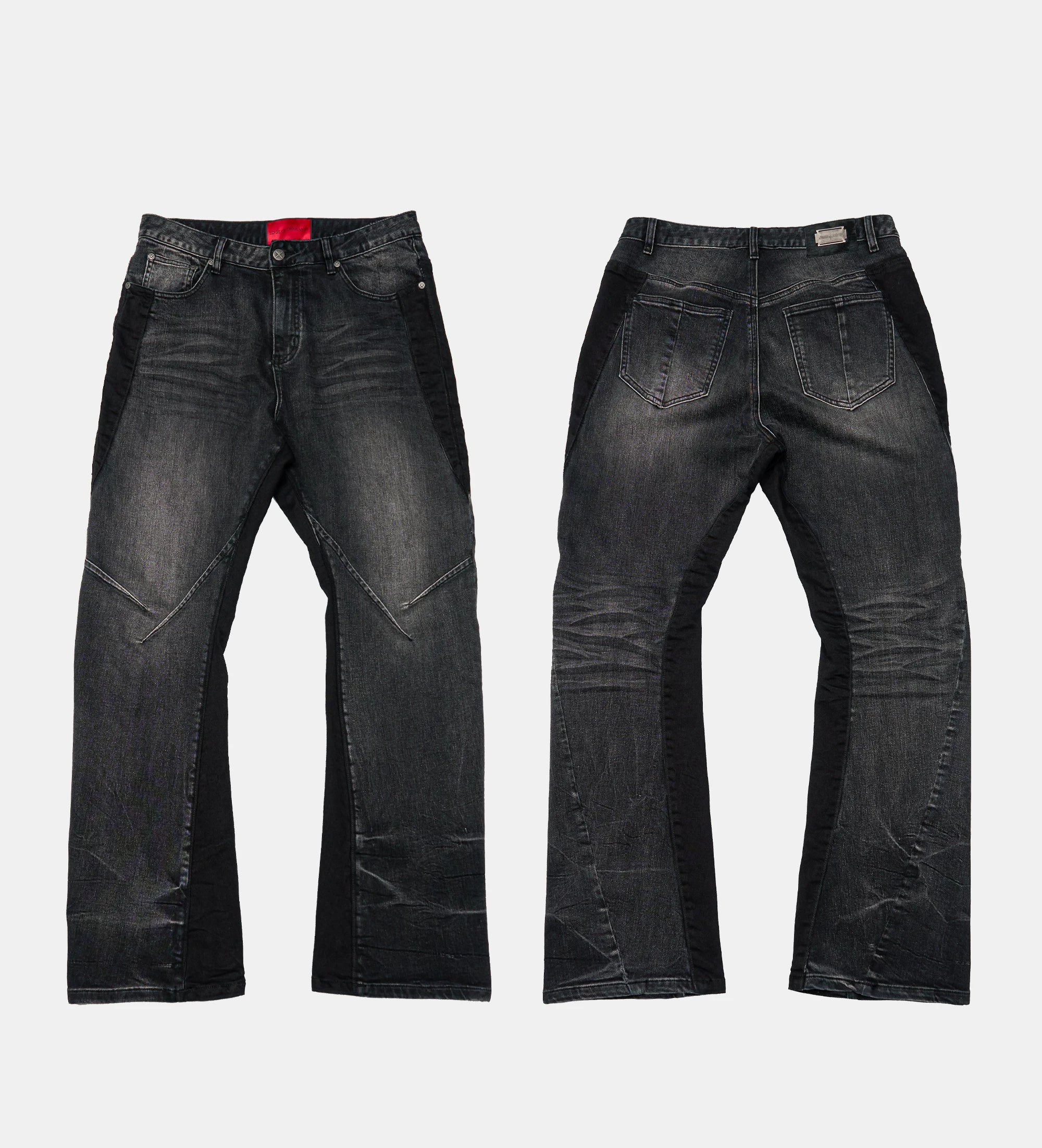 Stretchy Patchwork Crinkled Washed Flare Jeans