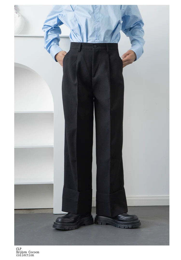 Men's Black Loose Straight Cuffed Pants