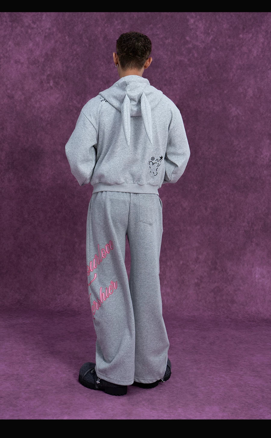 Men's Gray Bunny Ears Printed Hoodie