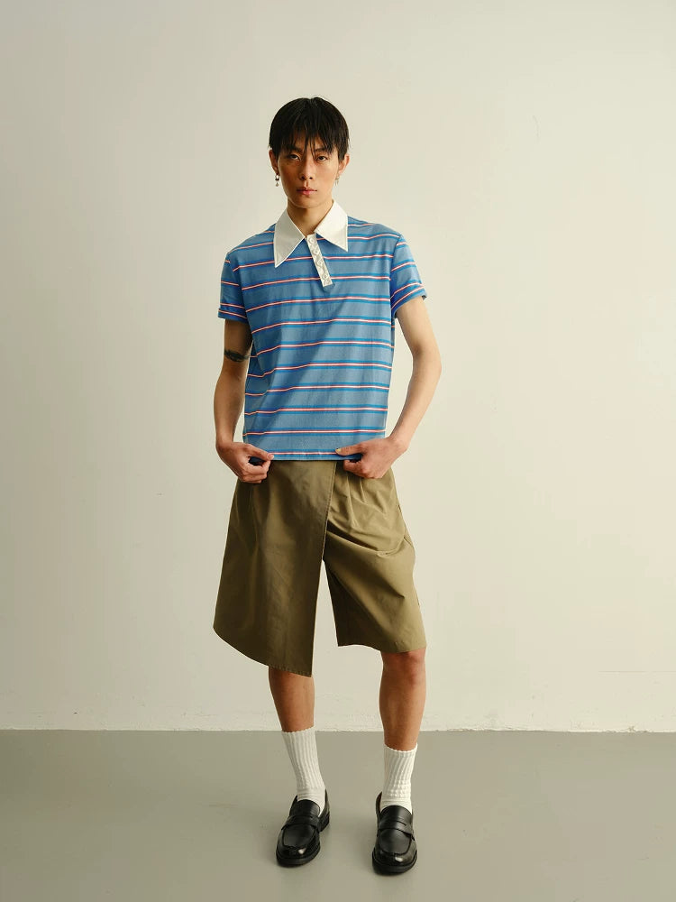 Asymmetric Collar Cropped Slit Polo Shirt