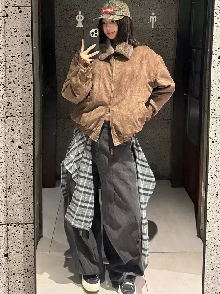 Detachable Plaid Washed Oversized Jeans