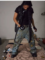 Relaxed Distressed Chain Digital Print Jeans