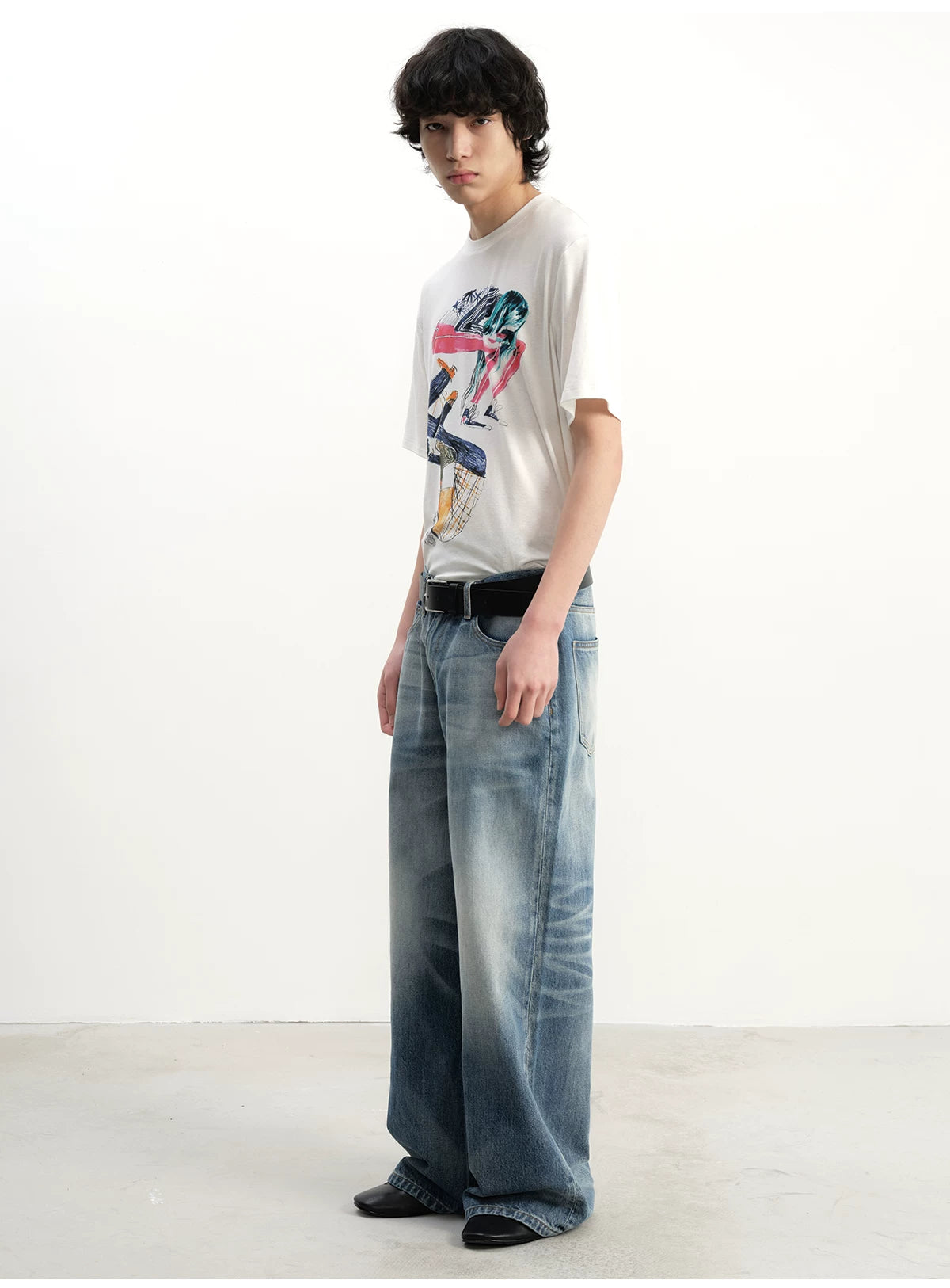 Grey Blue Distressed Wide Leg Jeans