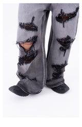 Men's Ripped Baggy Straight Charcoal Jeans