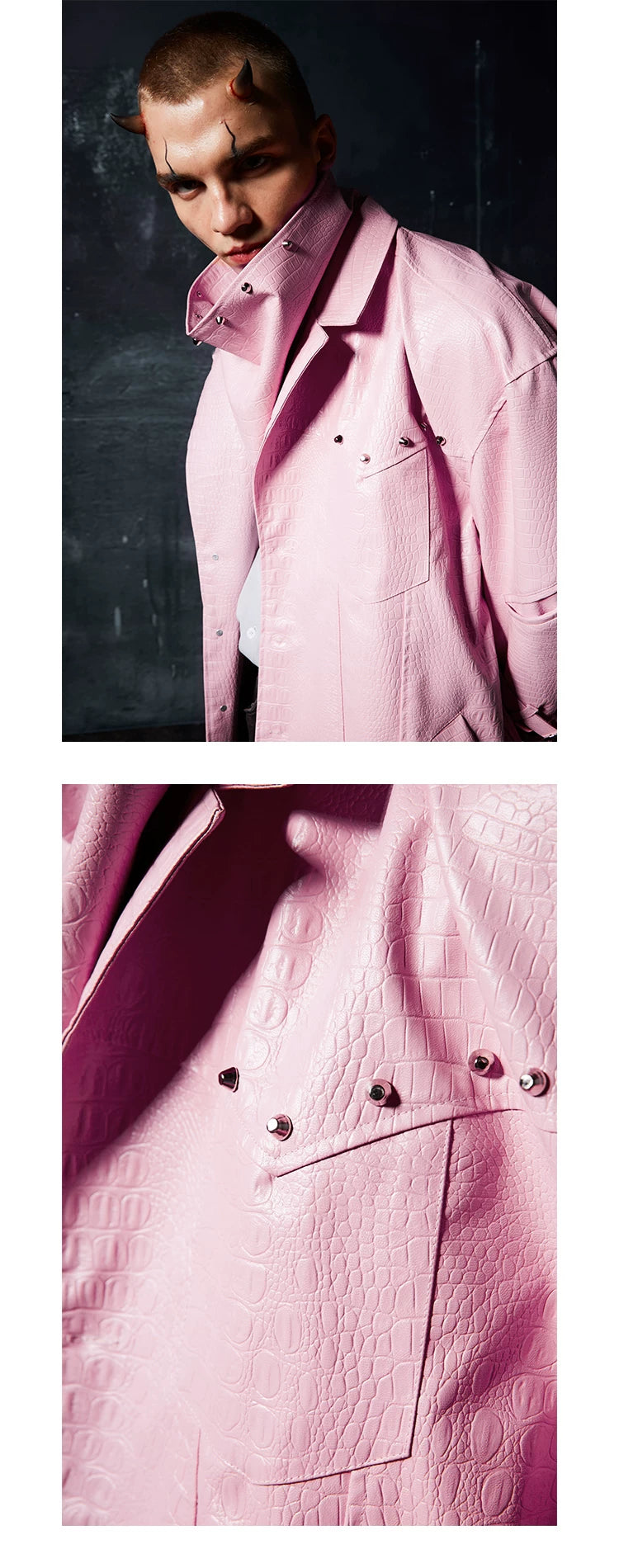 Two-Tone Metal Buckle Leather Trench Coat