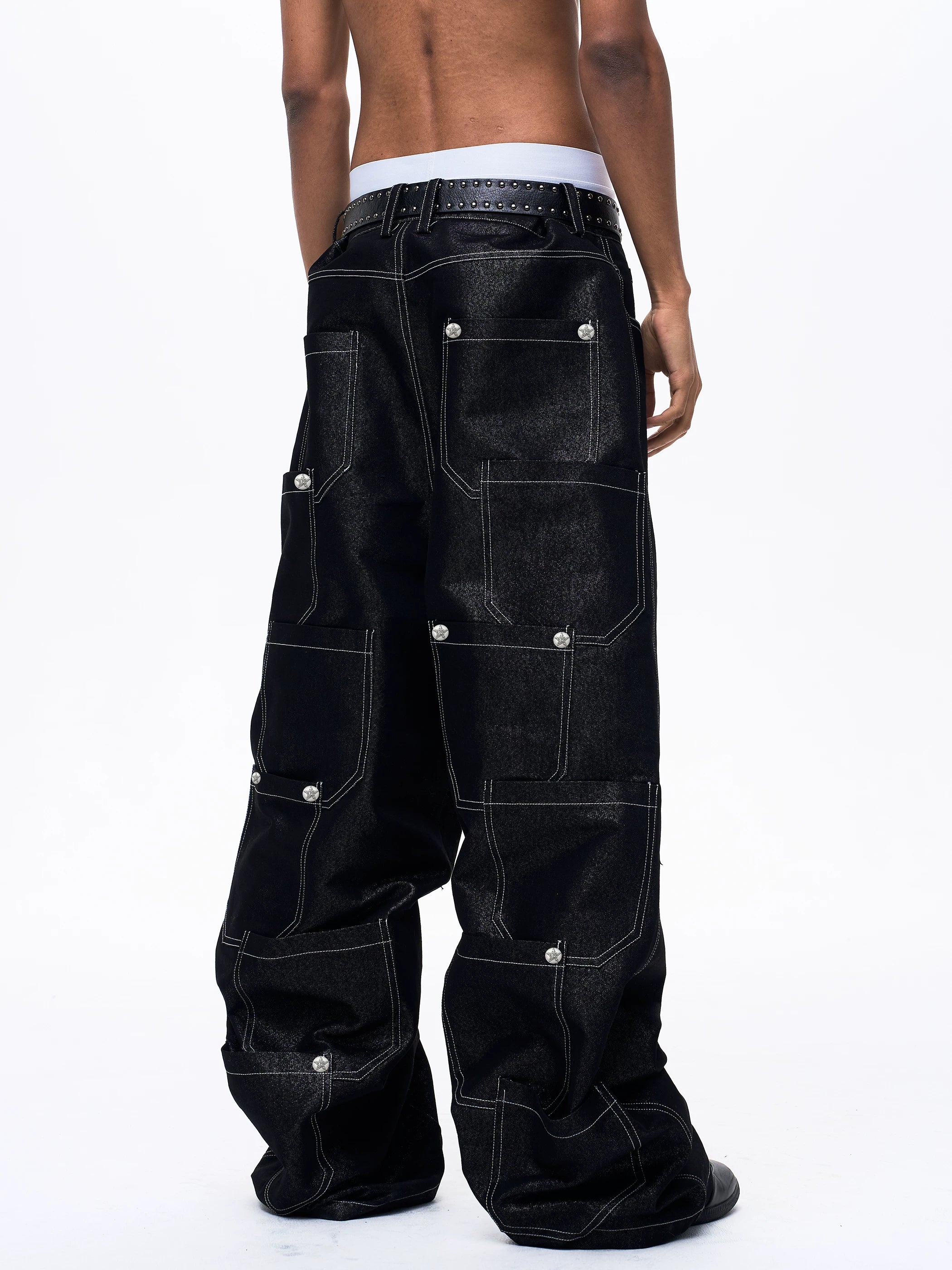 Men's Silver Multi Pocket Wide-Leg Jeans