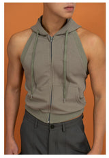 Sage Green Backless Hooded Zip Vest