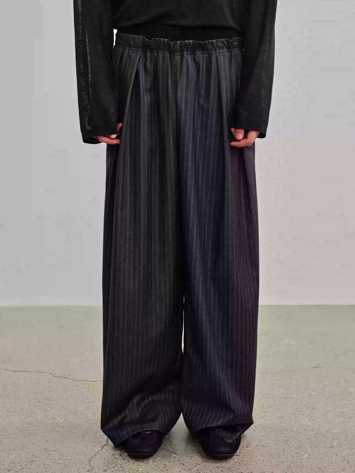 Ribbed Waist Striped Pleated Pants