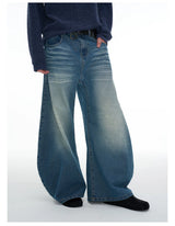 Pleated Distressed Wide Curved Jeans