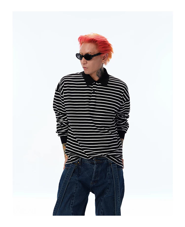 Men's Long Sleeve Striped Cotton Polo