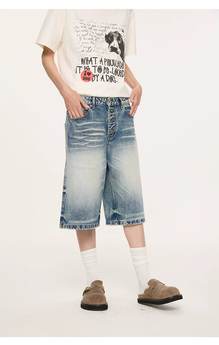 Whisker Wash Button Denim Shorts