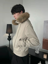 Detachable Fur Collar Slant Zip Hoodie