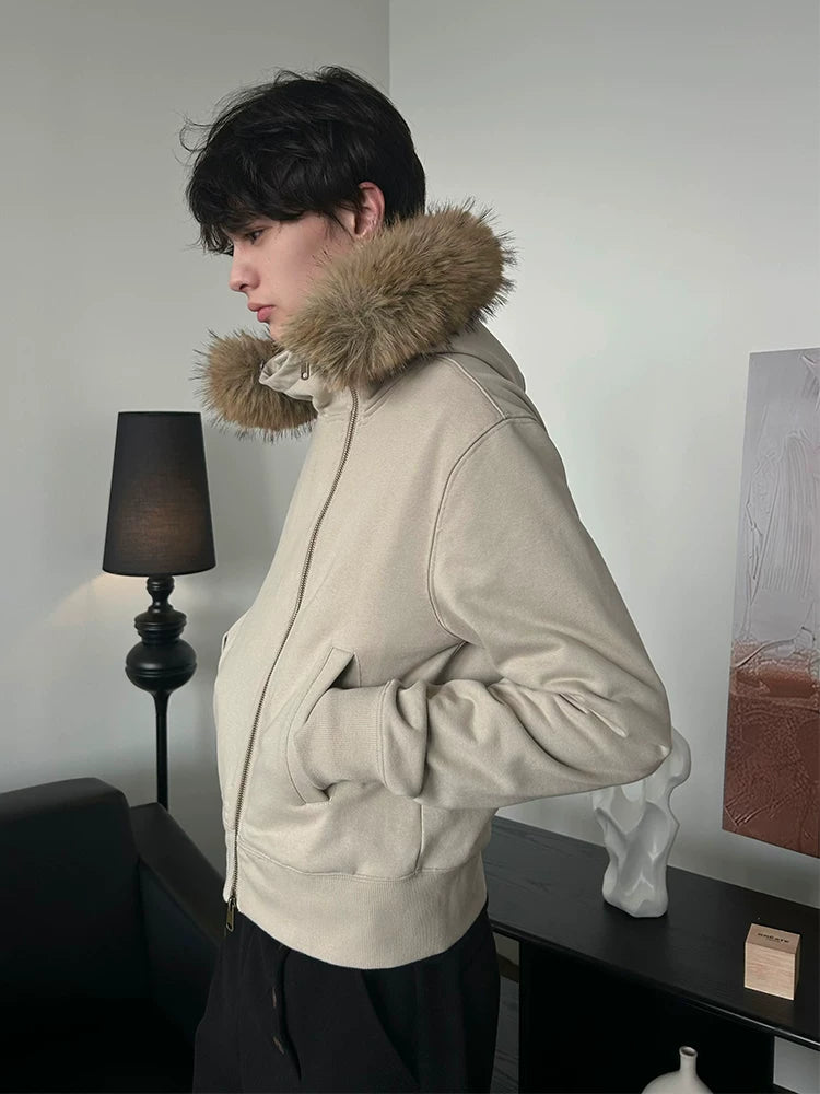 Detachable Fur Collar Slant Zip Hoodie