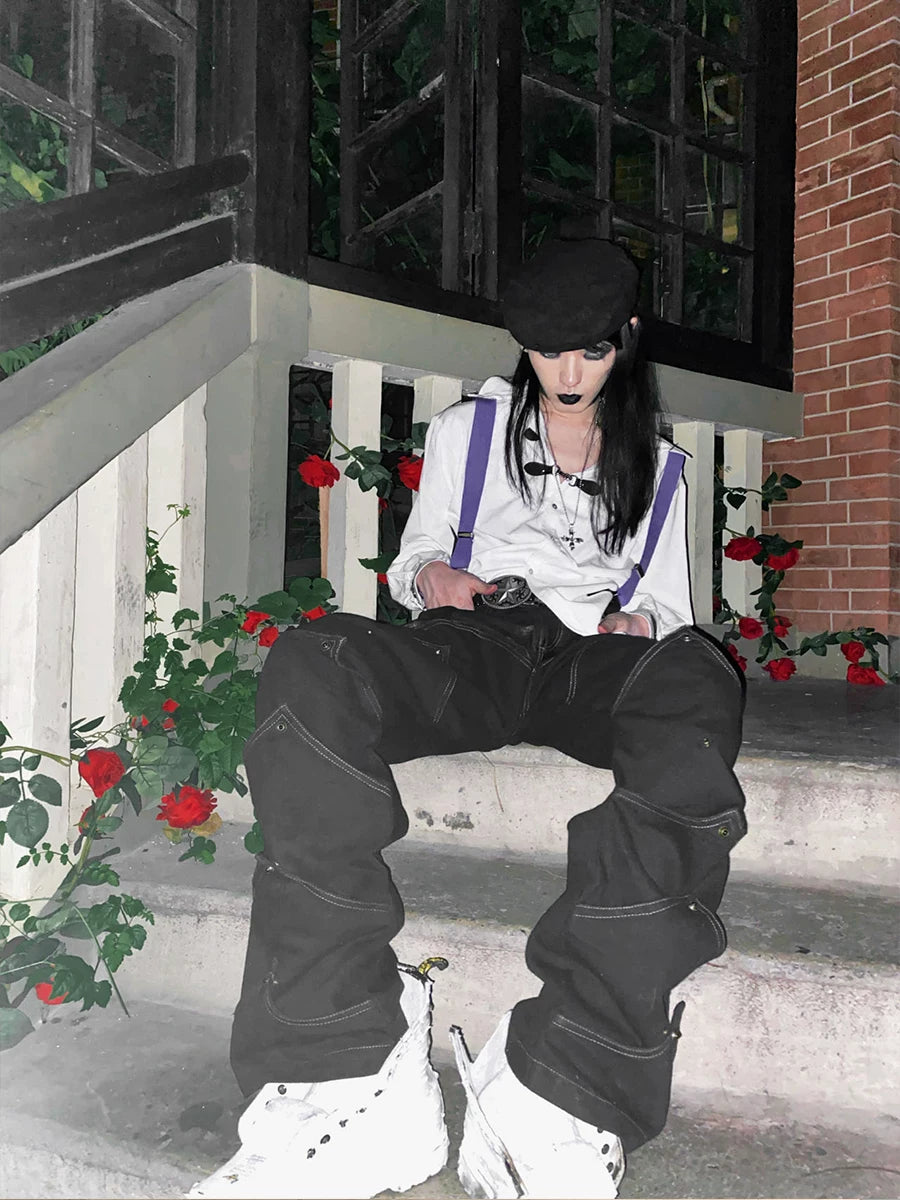 Unisex Deconstructed Black Patchwork Straight Jeans
