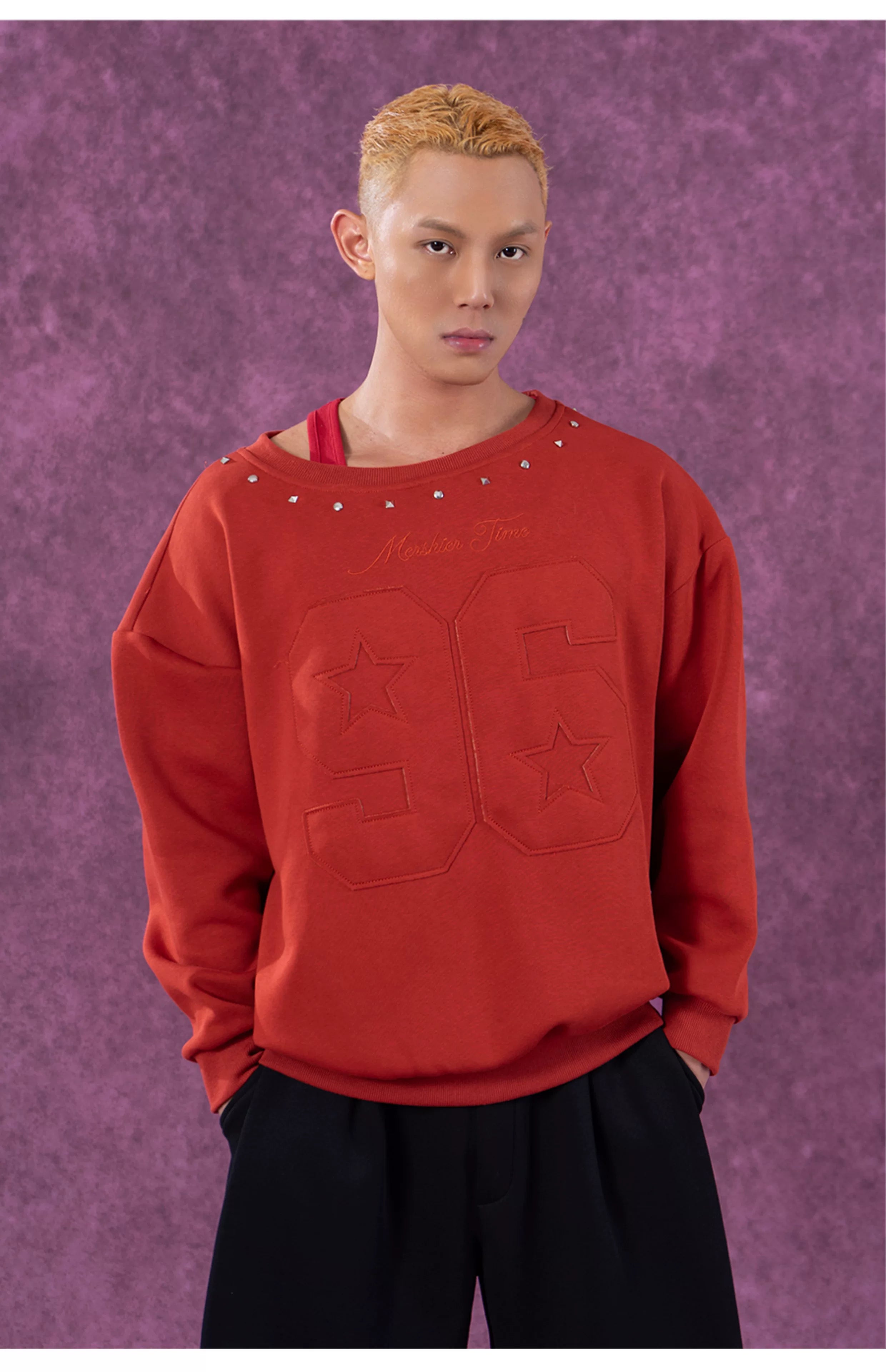 Men's Grey Red Patched Rivet Hoodies
