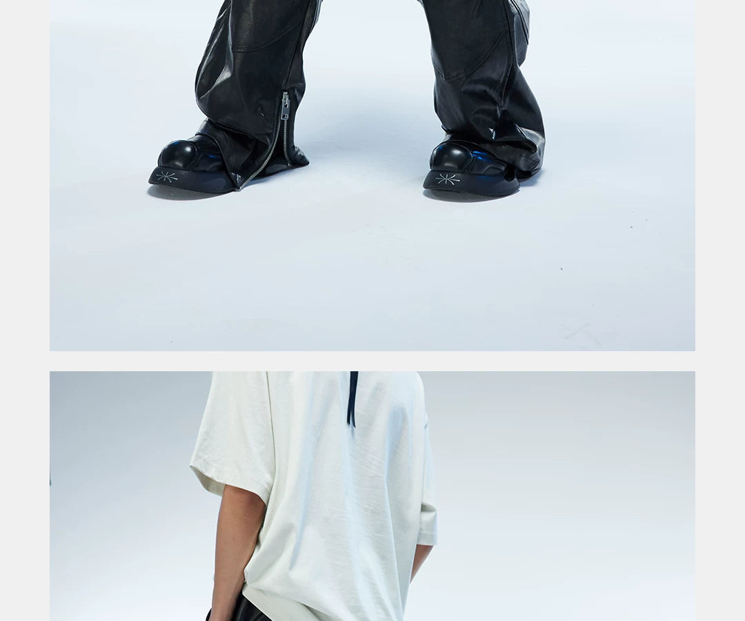 Men's Two-Tone Distressed Straight Leather Pants