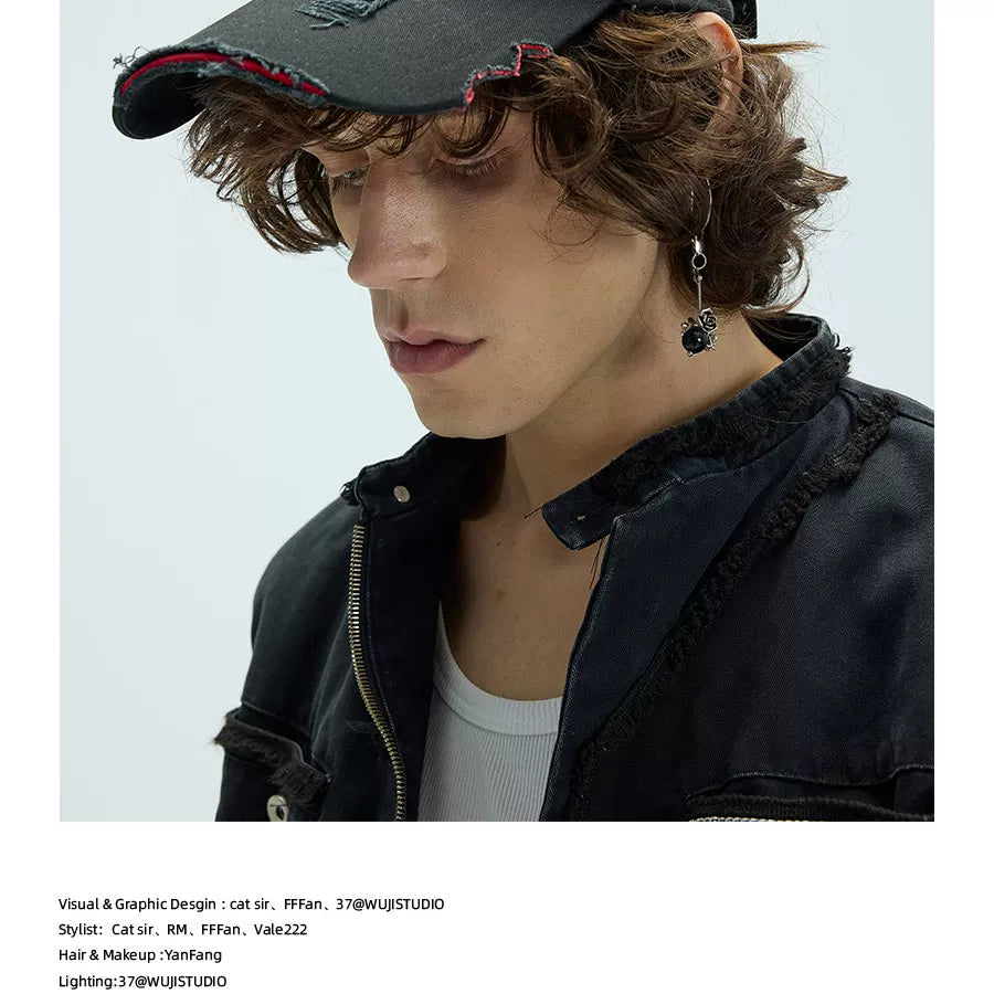 Long Brim Red Embroidered Distressed Cap