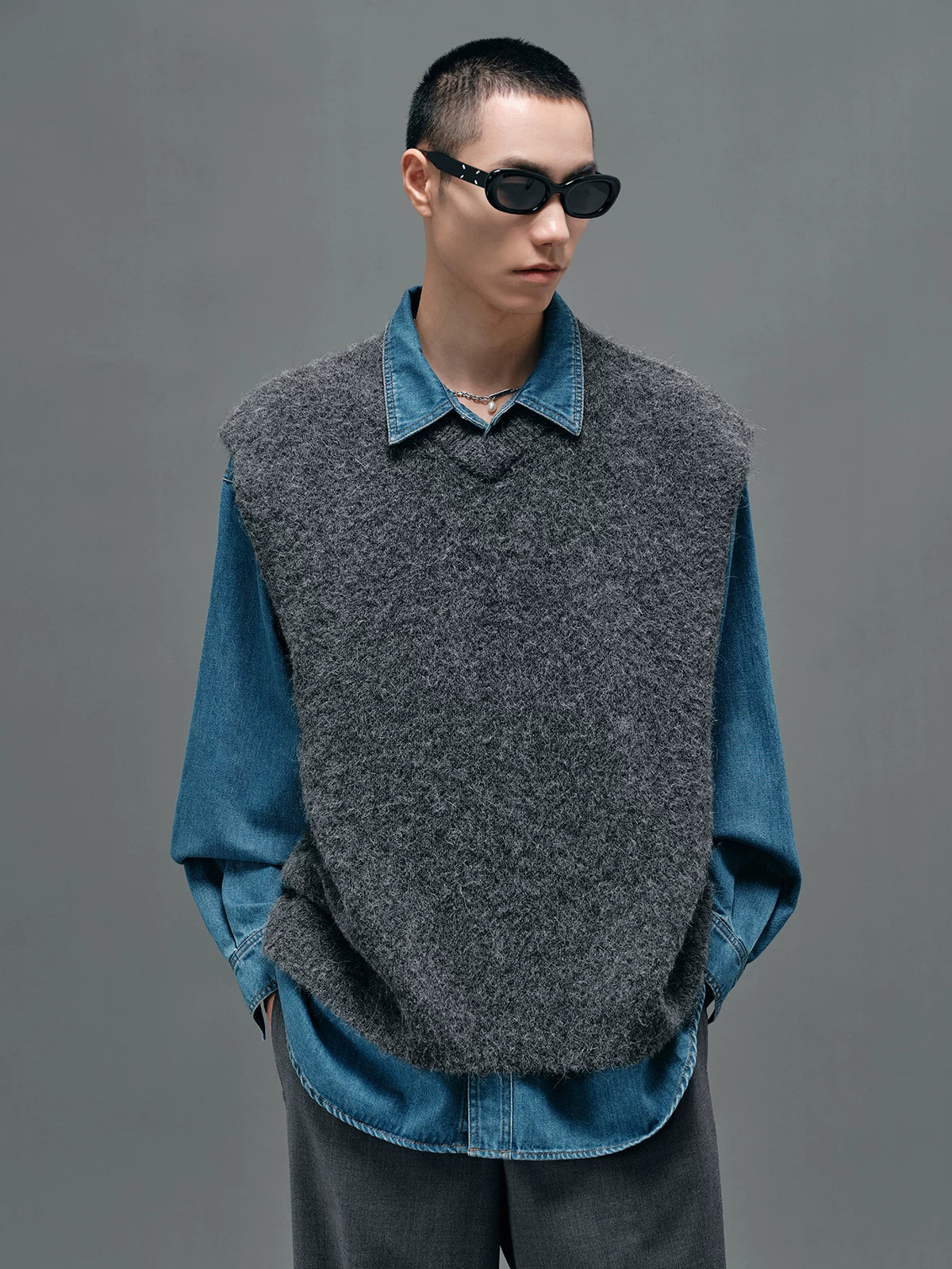 Washed Blue Oversized Embroidered Denim Shirt