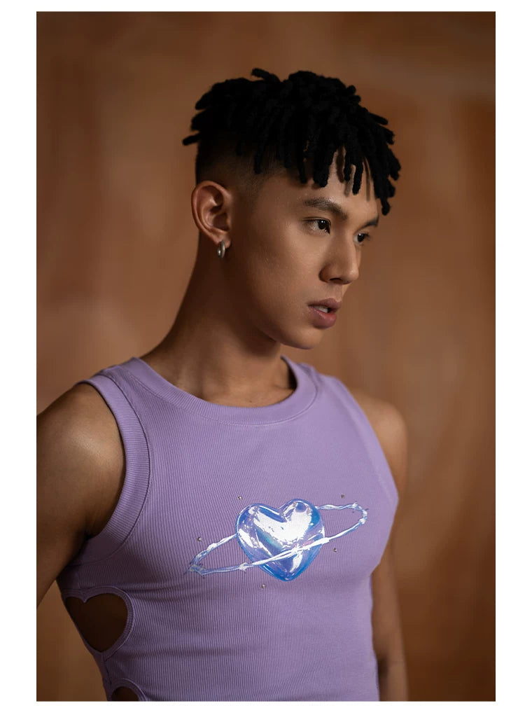 Purple Heart Rhinestone Cutout Tank Top