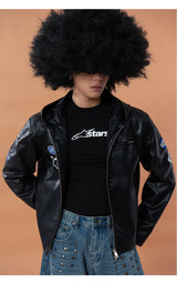 Men's Black Badged Hooded PU Jacket