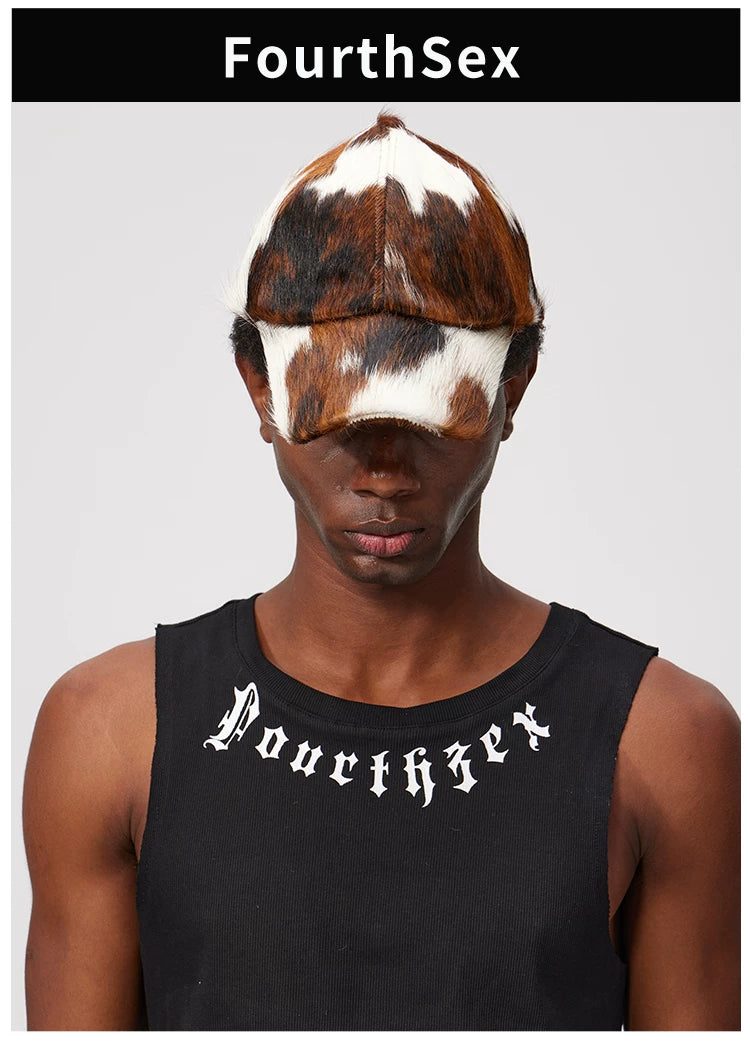 Cow Print Leather Fur Sun Cap