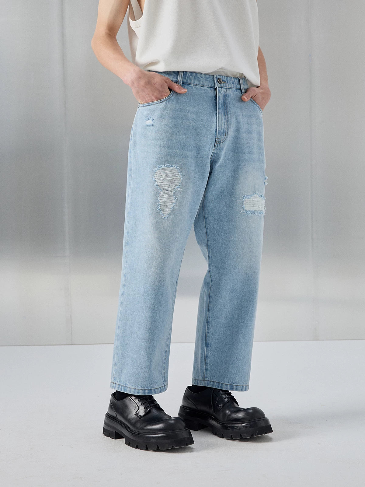 Distressed Patched Denim Pants