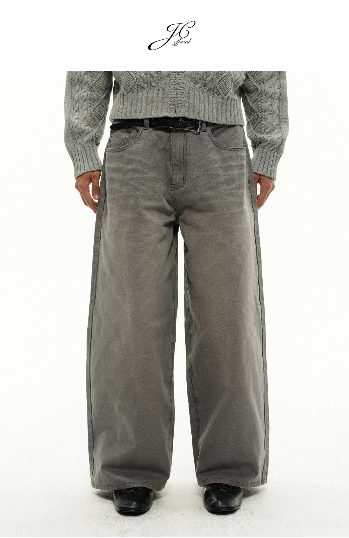 13Oz Sun-Washed Gray Distressed Wide-Leg Jeans