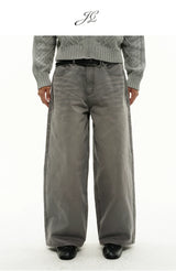 13Oz Sun-Washed Gray Distressed Wide-Leg Jeans