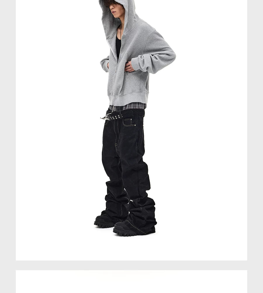 Distressed Waffle Riveted Zip-Up Hoodie