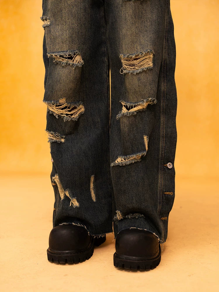 Men's Dark Distressed Slit Wide Jeans