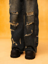 Men's Dark Distressed Slit Wide Jeans