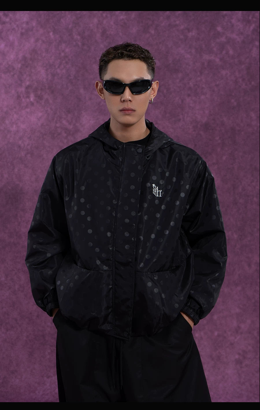 Black Polka Dot Hooded Windproof Jacket