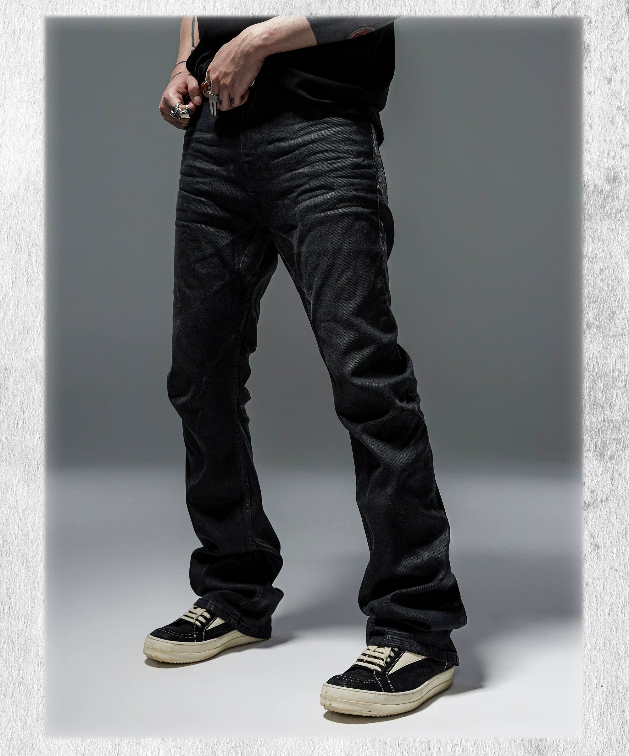 Stacked Curved Coated Waxed Skinny Jeans
