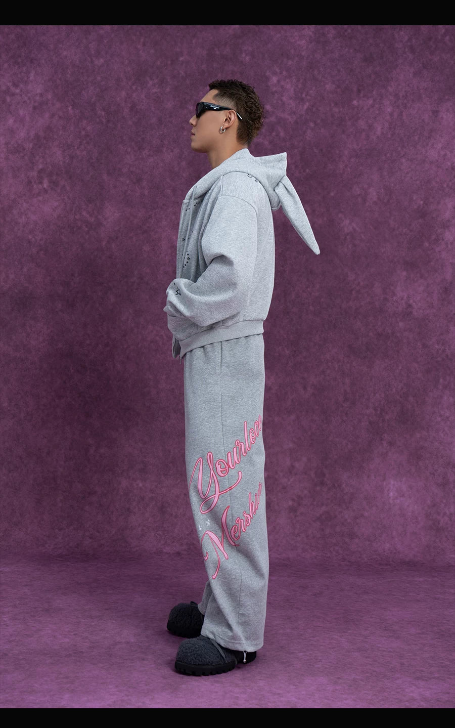 Men's Gray Bunny Ears Printed Hoodie
