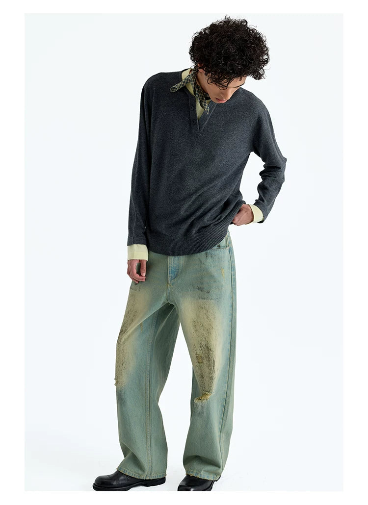 Wool Blend Layered Contrast Knit Sweater
