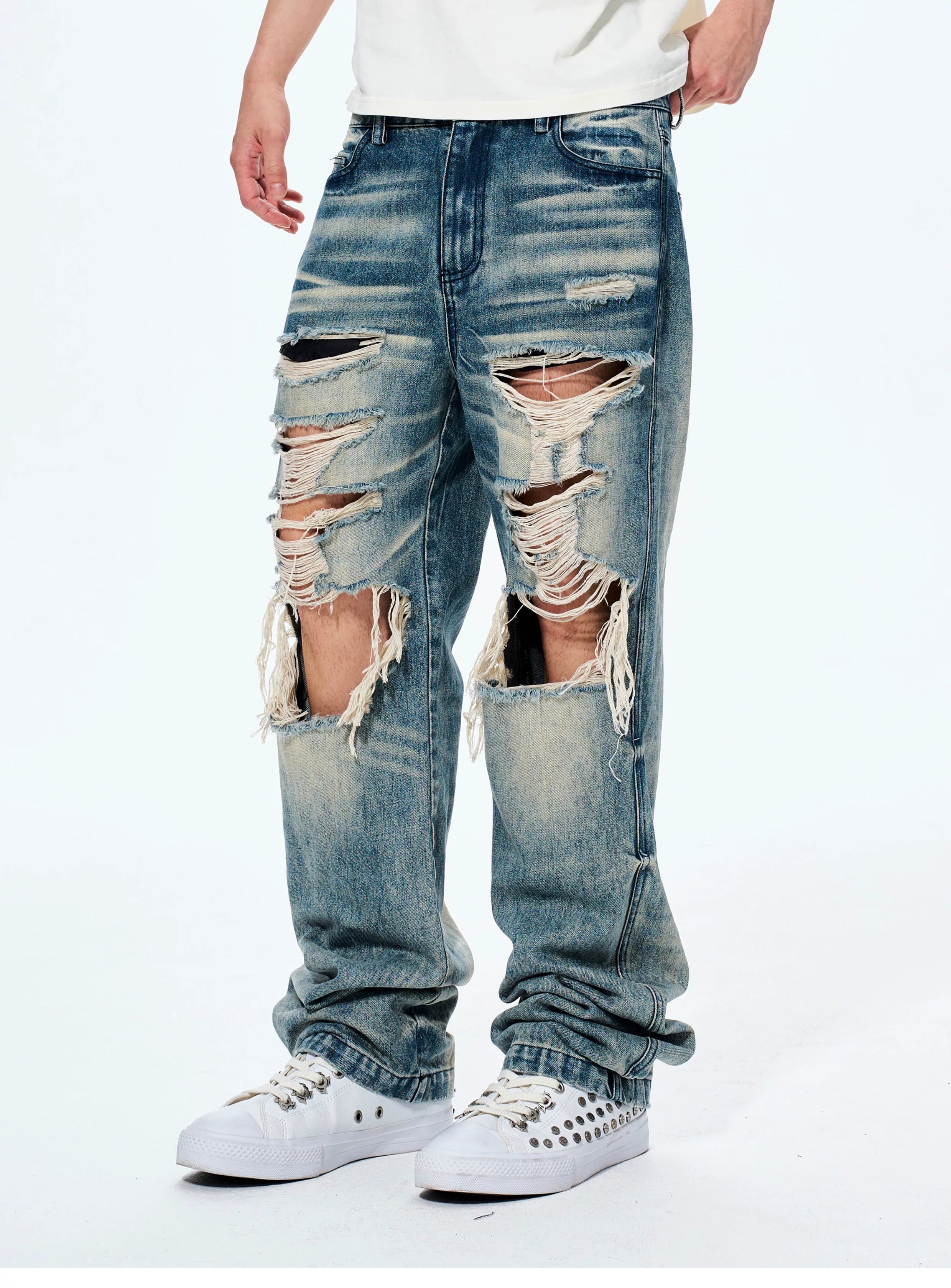 Men's Distressed Washed Straight Leg Jeans