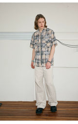 Men's Frayed Plaid Zip Short-sleeved Shirt