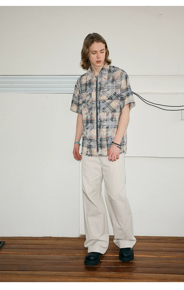Men's Frayed Plaid Zip Short-sleeved Shirt