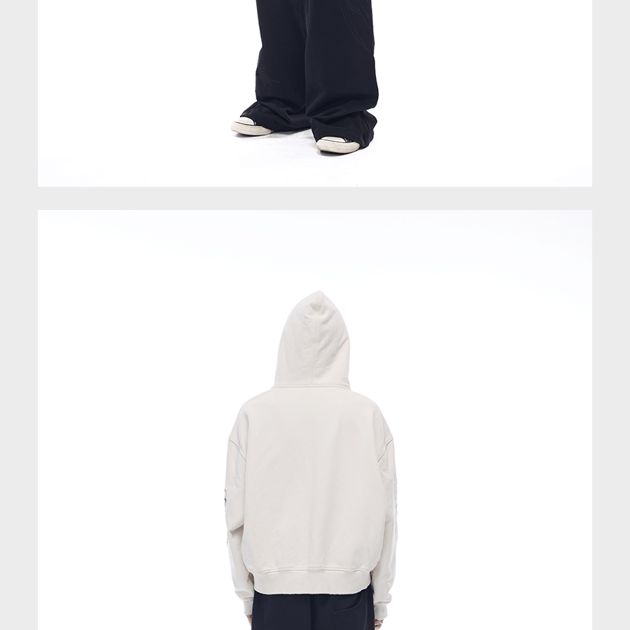 Tri-color Washed Distressed Embroidered V-neck Hoodie
