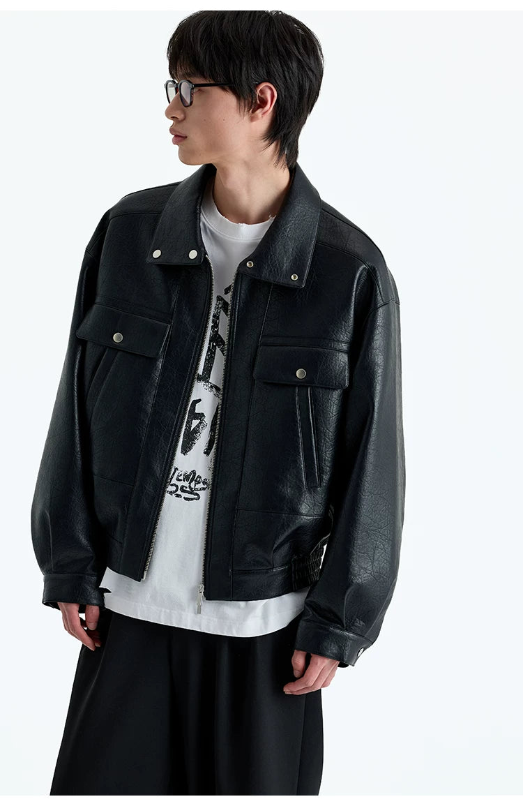 Vintage Faux Leather Multi-Pocket Cropped Jacket
