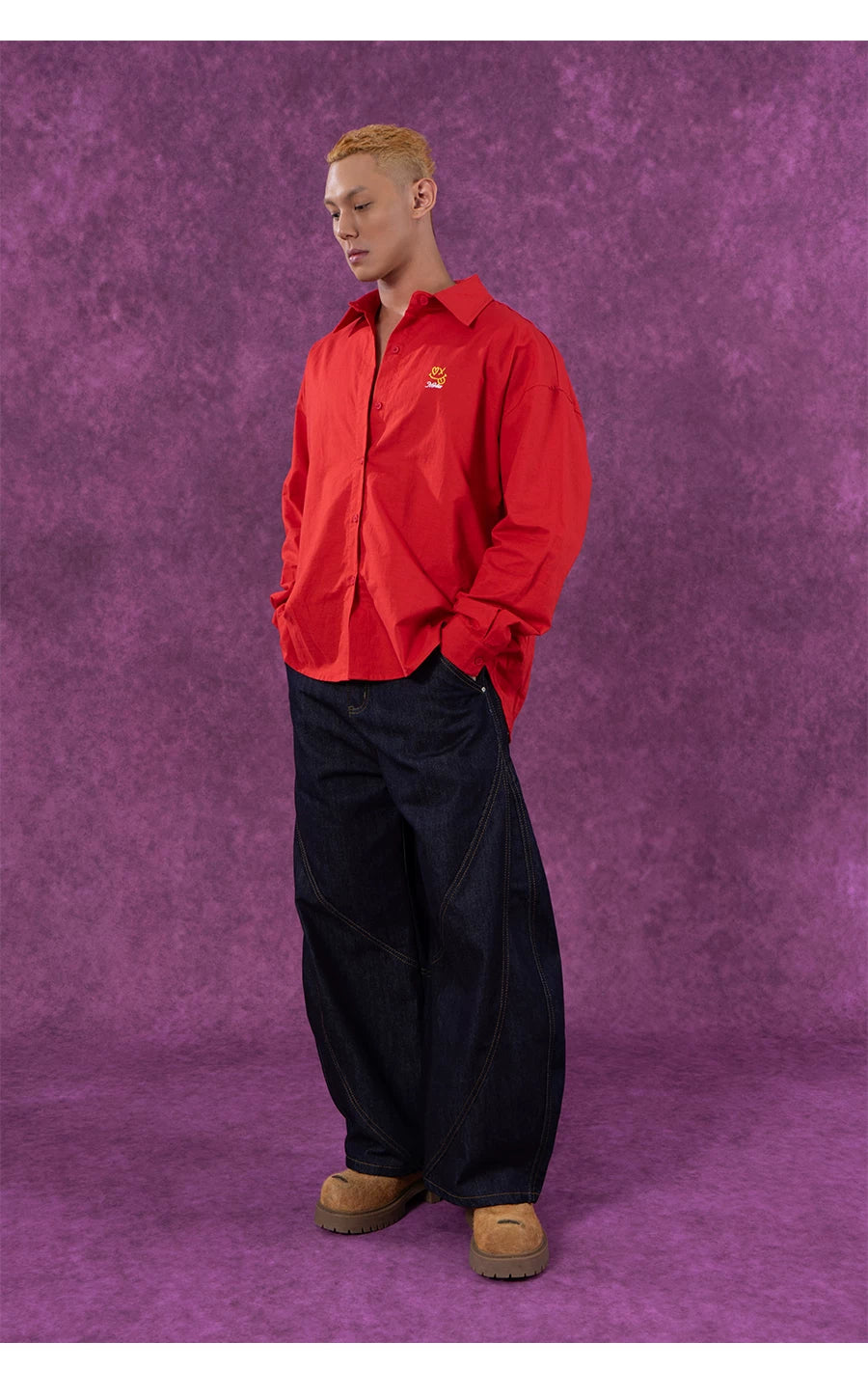Red Oversized Collared Long Sleeve Shirt