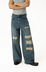 Men's Blue Distressed Riveted Straight Jeans