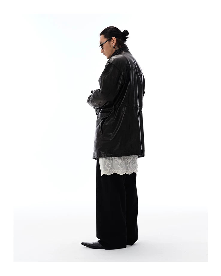 Men's Waist-cinched Mid-length Goatskin Jacket